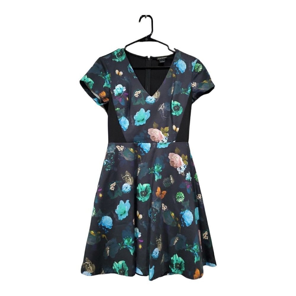 Club Monaco Women's Aurelie Dress Fit & Flair Flowers Butterfly V-Neck Pockets 4